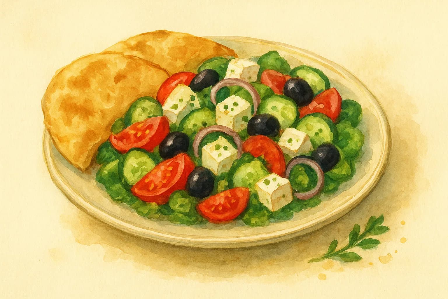 Greek Salad and Pittas — illustration