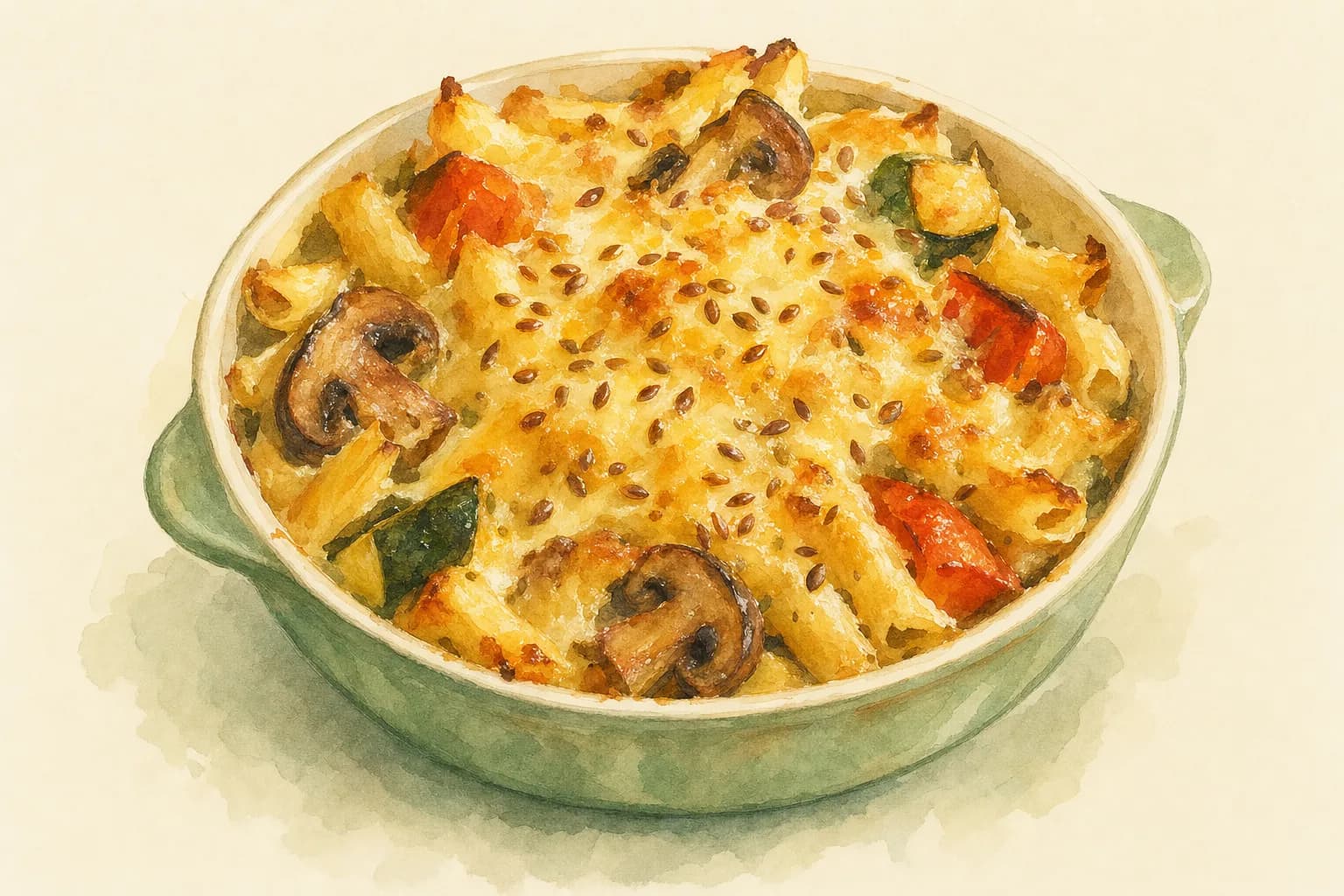Roasted Veg, Garlic Mushroom & Cheesy Pasta Bake with Flaxseed — illustration